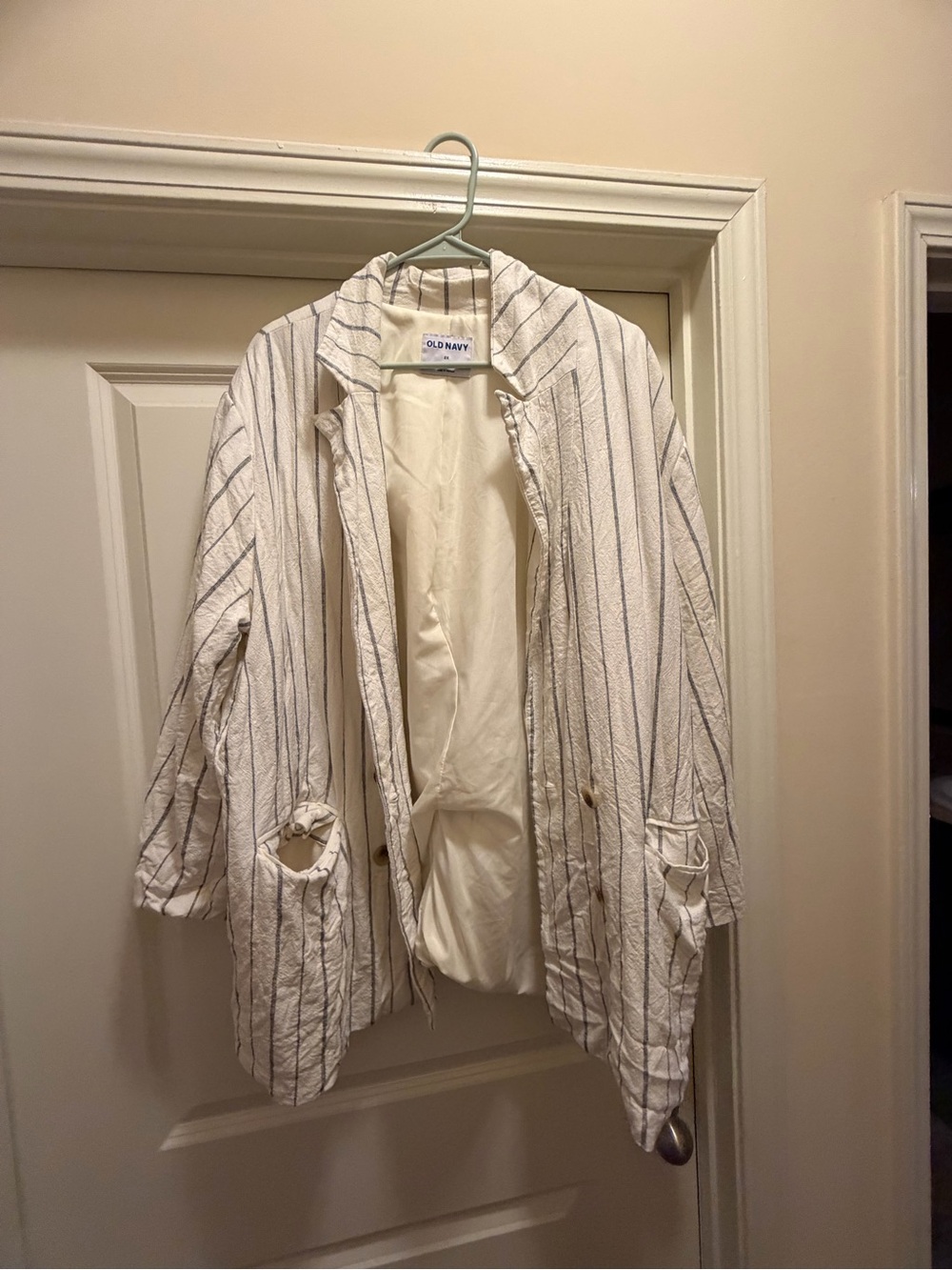 Old Navy Cream Jacket with Navy Pinstripes